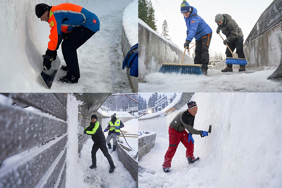 Bildkollage på personer som bygger med snö och sopar
