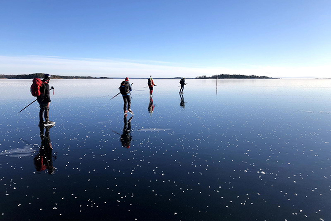 Flera långfärdskridskoåkare åker på rad på spegelblank is